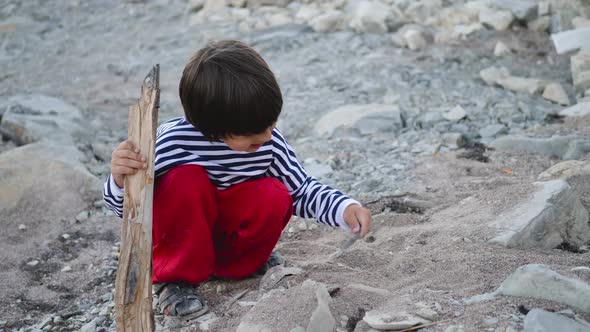 Boy Child in a Blue Vest Collects Stones on the Beach