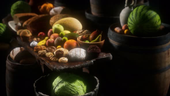 Food Table with Wine Barrels and Some Fruits Vegetables and Bread