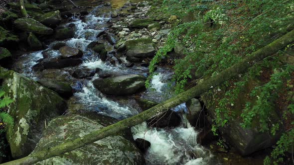 Drone flzing above Mountain river, rocks and boulders in forest, Bistriski Vintgar gorge on Pohorje,