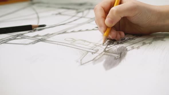 Young Adult Woman Designer Draws Project in Workshop Closeup