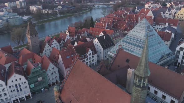 Ulm Library Metzgerturm Tower And Danube River With Drone At Sunrise