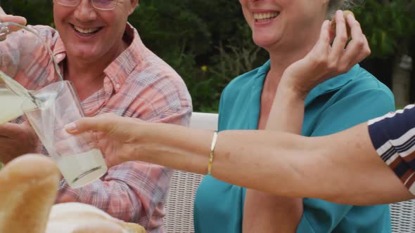 Animation of diverse happy senior female and male friends eating lunch in garden