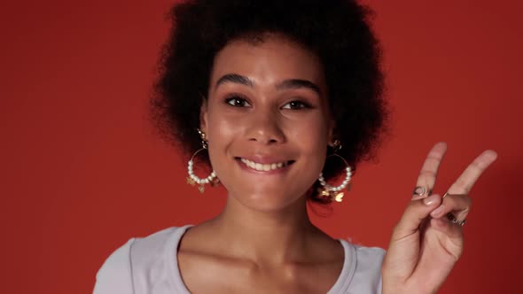 A happy woman showing gestures