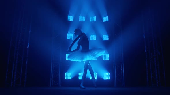 Graceful Silhouette Ballerina Doing a Workout in the Classroom. Smoke in the Rays of Blue Light