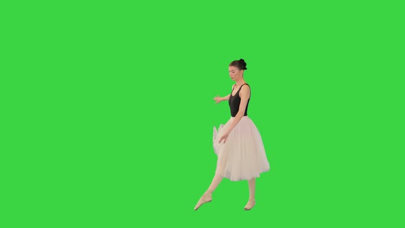 Young Graceful Ballerina in Pointe Shoes and White Romantic Tutu Makes Pas on a Green Screen Chroma