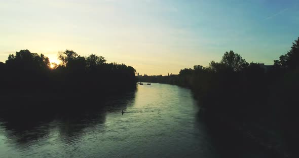 Drone shot of Regensburg and the old town in golden October