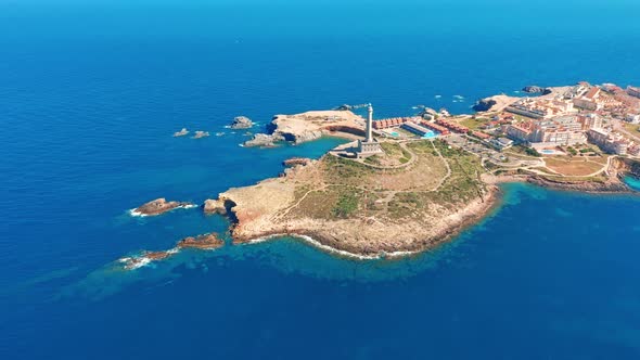 Aerial View. Lighthouse on Island, Spain Meditterian Sea