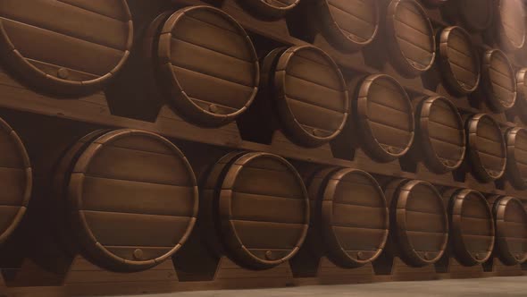 Wine Cellar with Wooden Casks with Elite Whiskey Beer or Another Alcohol Drinks