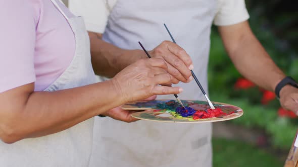 Video of midsection of biracial senior couple painting in garden