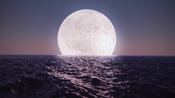 Animation of bright glowy moon reflecting on the dark surface of the calm ocean.