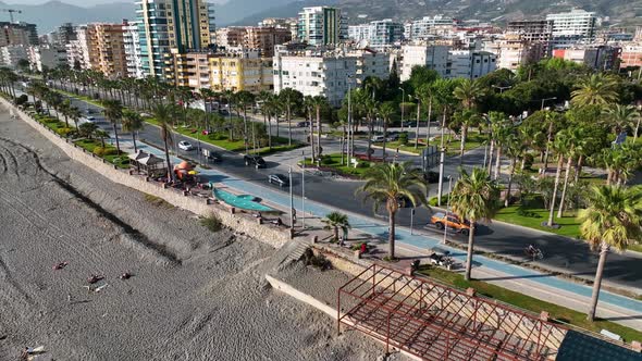 Traffic on the Beach aerial view 4 K Turkey Alanya