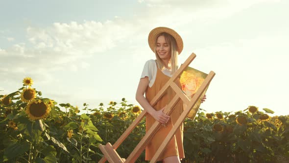 A Young Woman is Holding an Easel and a Painting