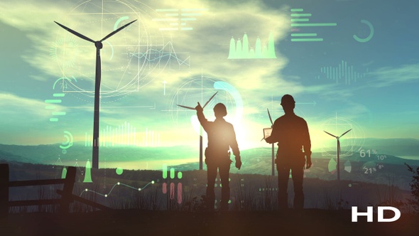 Silhouettes Of Engineers Against The Backdrop Of The Sunset And Wind Farms HD