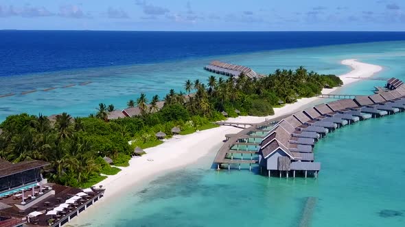 Aerial drone tourism of tourist beach wildlife by blue lagoon with sand background