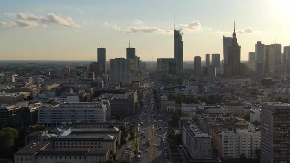 Flying over a busy street in Warsaw city centre, capital of Poland, Europe