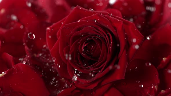 Super Slow Motion Shot of Water Drops Falling and Splashing on Red Rose Bloom at 1000 Fps