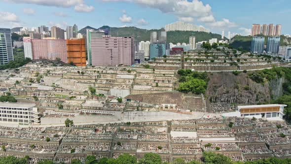 Drone Aerial flying shot in the Tsuen Wan Cemetery in Hong Kong