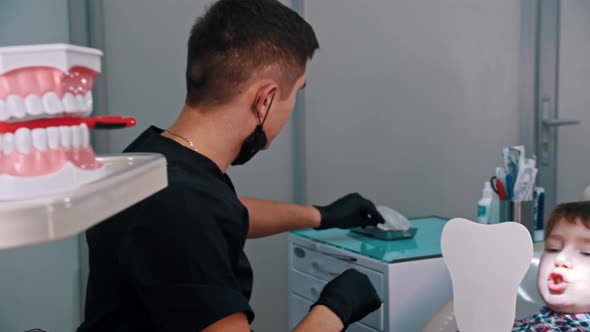 A Little Boy Having a Treatment in the Modern Dentistry - Model of the Human Jaw on the Foreground