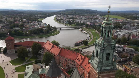 Aerial drone view of the center of Krakow, the Vistula River and the Wawel Royal Castle, the cathedr