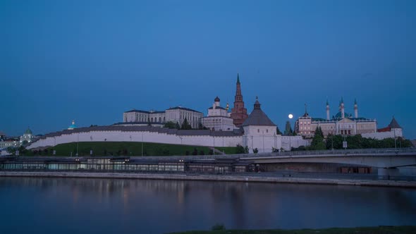 Kazan Kremlin and Kul Shariff Mosque Sunset Time with Moonrise Beautiful Kazan Cityscape Kazan