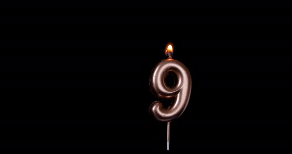 Realistic full-sized single birthday candlelight 9 nine number isolated on black background. 