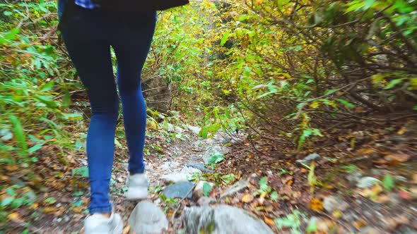 A young beautiful slender woman alone in the mountains.