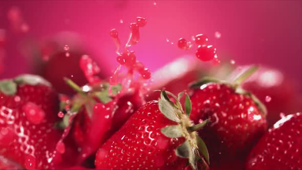 Slow Motion Shot of Strawberry Juice Splashing Through Strawberries