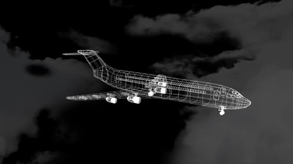 Animation of 3d technical drawing of model of aeroplane and clouds background