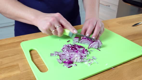 Close Up Woman Cutting Red Onion