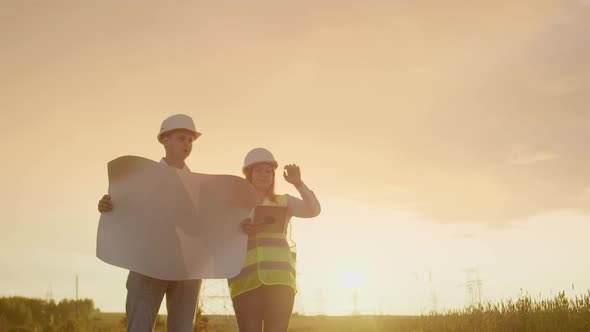 Two Electricians Work Together Standing in the Field Near Electricity Transmission Line in Helmets