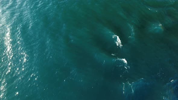 Circular waves ripple through a pristine mountain lake as seen from overhead.