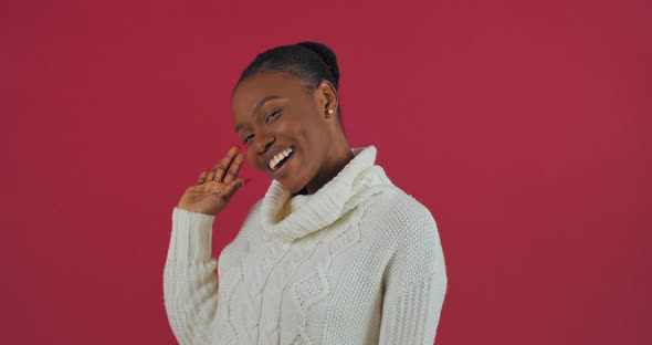 Studio Shooting Afro American Woman Ethnic Girl Model Brunette Mixed Race Lady Wears White Sweater