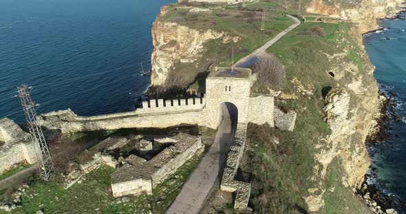 Gate of ancient fortress Kaliakra on a cape Kaliakra. Aerial view. North-east Bulgaria, Kavarna