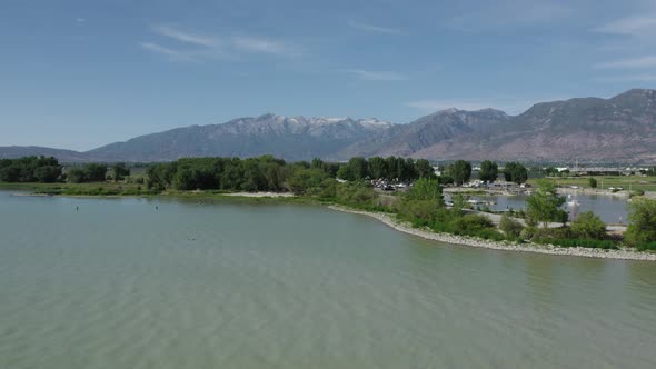 Beautiful Shoreline of Utah Lake during Summer in Utah County, Aerial Drone