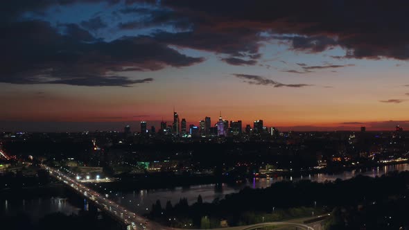 Stunning Sunset Skyline Aerial View Panorama of Warsaw Poland