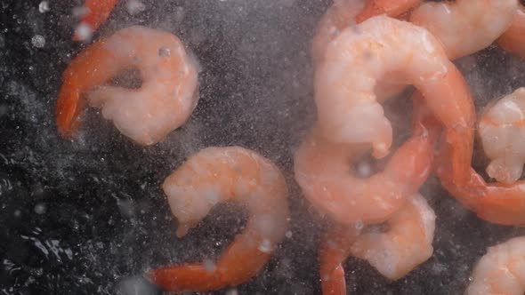 Camera follows stir frying shrimp. Overhead shot. Slow Motion.