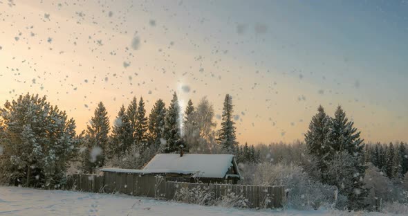 A Small Log Cabin Near the Forest a Beautiful Snowfall in the Sunset a Beautiful Winter Landscape