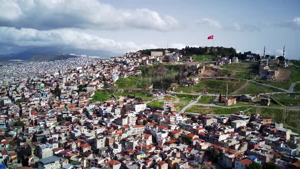 Drone view on poverty slum district and muslim mosque