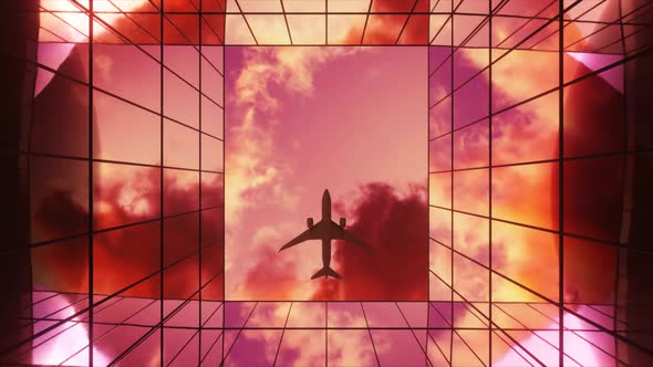 Passenger Plane Flying in the Sky with Clouds Over a Modern Glass Building at Sunset