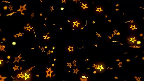 3d render falling, golden, christmas stars on a black background.