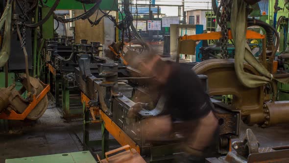 Conveyor Assembly Stage the Body of Tractor at Big Industrial Factory Timelapse