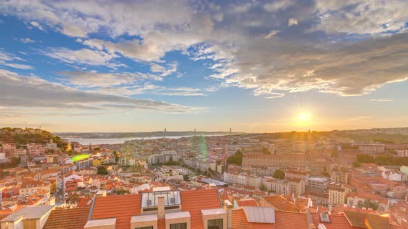 Lisbon at Sunset Aerial Panorama View of City Centre with Red Roofs at Autumn Evening Timelapse