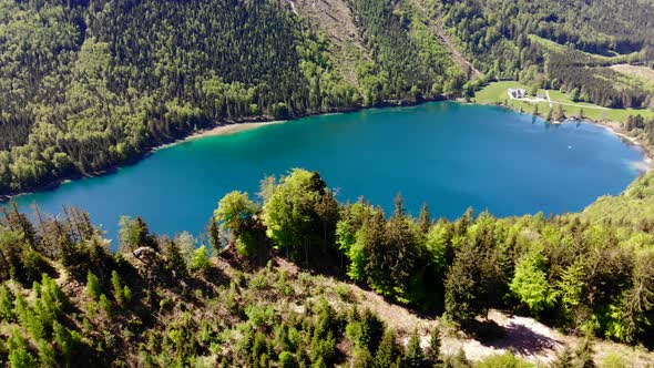 Beautiful view from the Signalkogel to the Lake Langbathsee and Mountains drone video