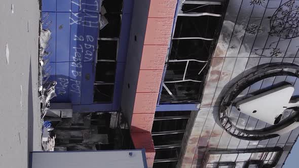 Vertical Video of a Burned Down Shopping Center in Bucha Ukraine During the War