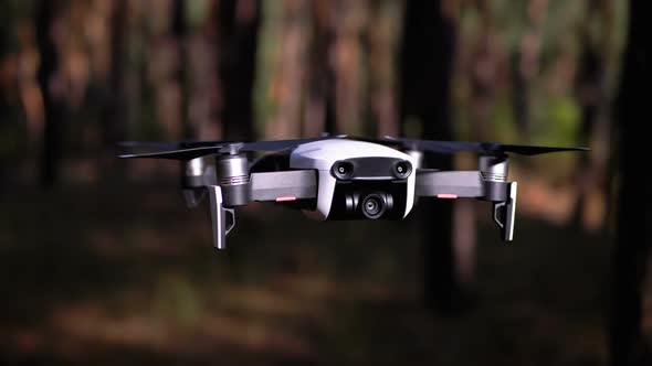 Drone with a Camera Hovers in the Air, Flies Above the Ground in the Forest, Slow Motion