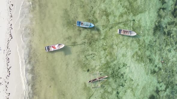 Vertical Video Boats in the Ocean Near the Coast of Zanzibar Tanzania Aerial View