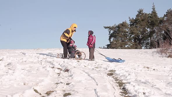 winter snow sledding downhill children and mother with sledge in the snow having a great time stock