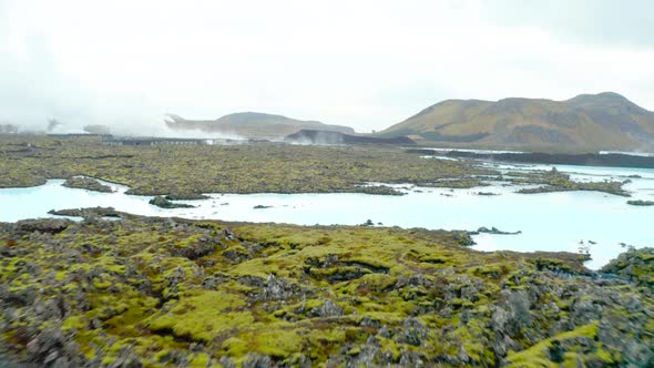 Panorama Of Expansive Field And Geothermal Plant In Reykjanes Peninsula, Iceland. aerial