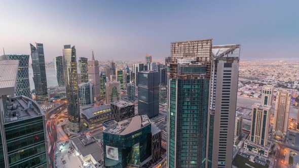 The Skyline of the West Bay Area From Top in Doha Night To Day Timelapse Qatar