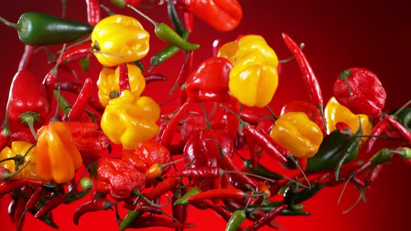 Super Slow Motion Shot of Flying Mixed Chilli Peppers on Red Background at 1000Fps